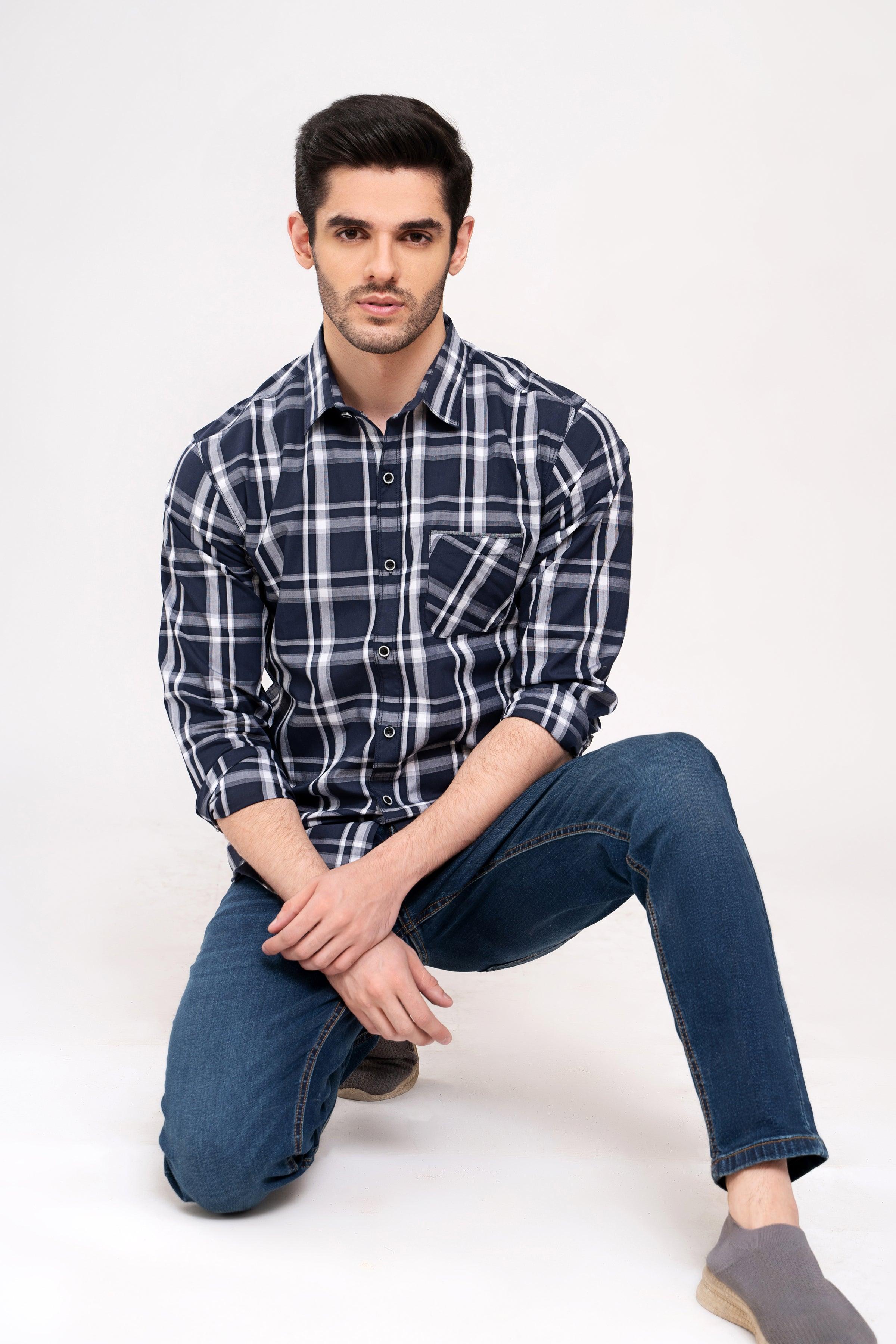 Navy and gray plaid button-up casual shirt with long sleeves and chest pocket