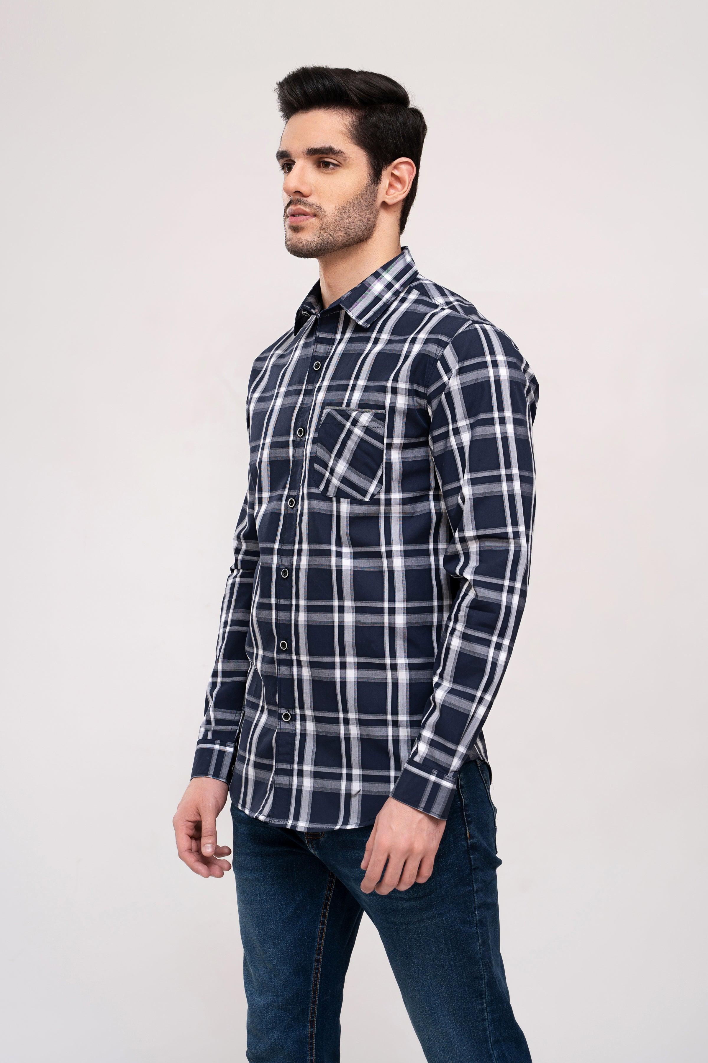 Navy and gray plaid long-sleeve button-up casual shirt, side profile