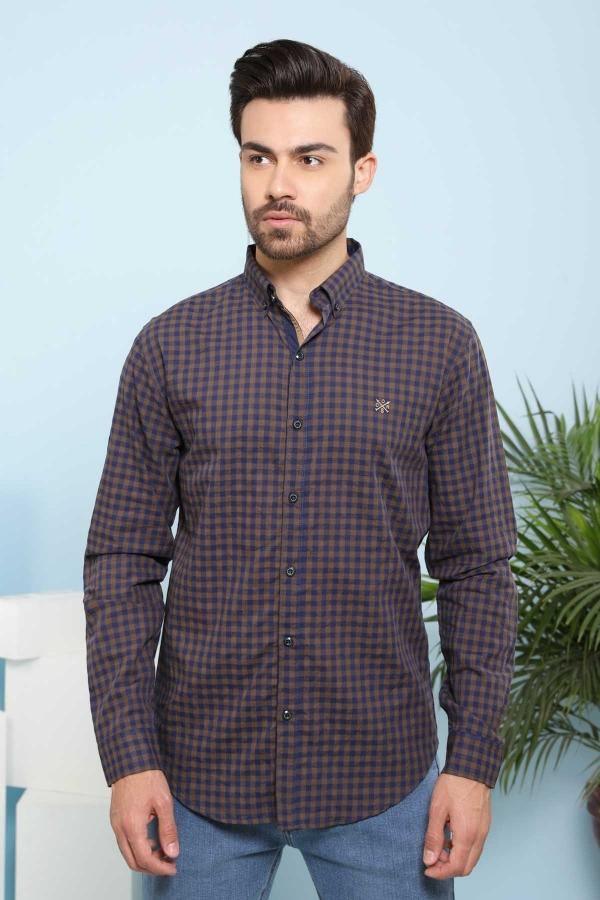 CASUAL SHIRT FULL SLEEVE NAVY SLIM FIT BROWN at Charcoal Clothing