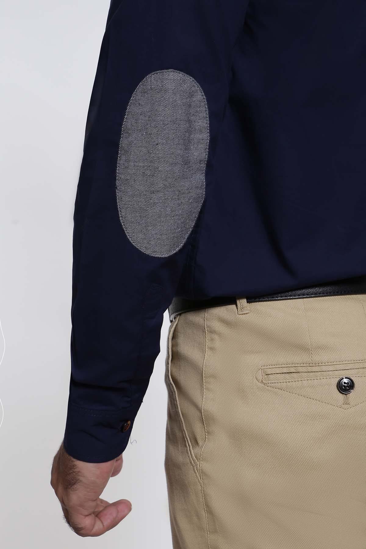 Navy long-sleeve shirt with gray elbow patch detail
