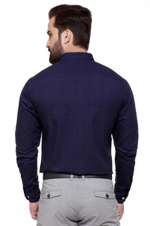 Navy slim-fit long-sleeve casual shirt, back view, small allover print