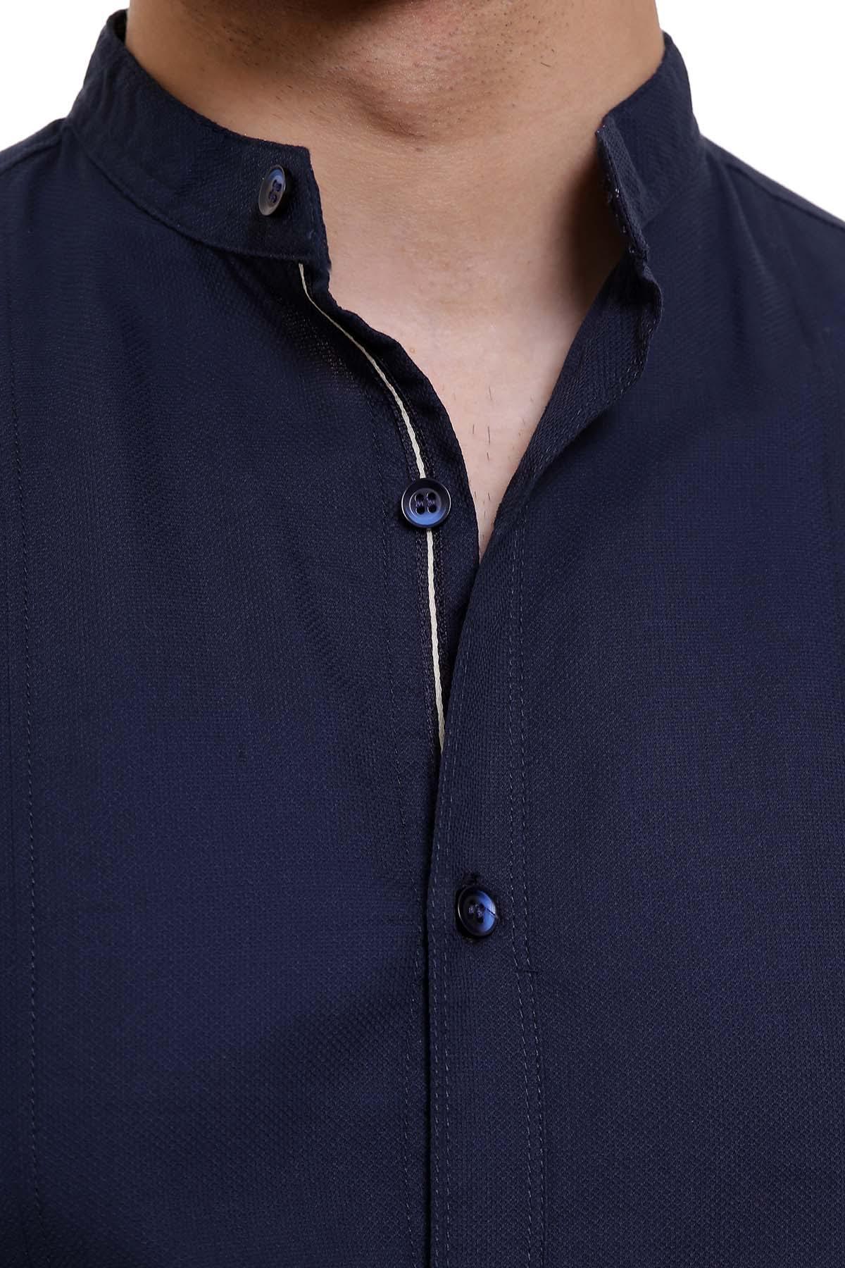 Navy buttoned shirt collar with dark round buttons and placket