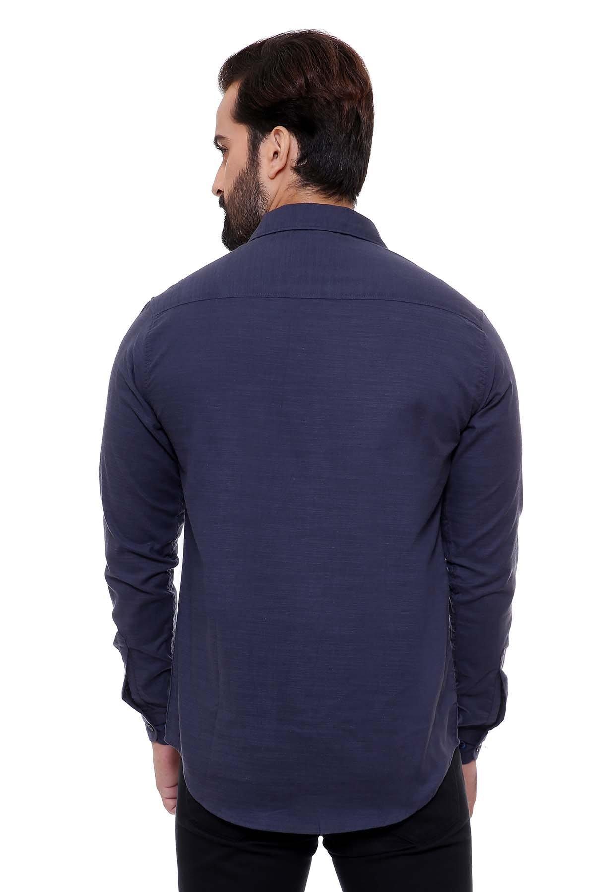 Navy slim-fit casual full-sleeve shirt from back with buttoned placket