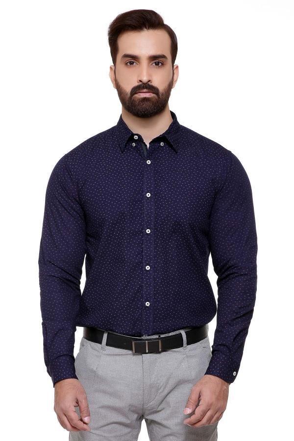Navy slim-fit long-sleeve casual shirt, small allover print, button-up collar
