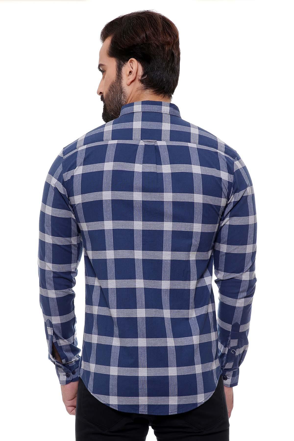 Back view of navy slim-fit casual long-sleeve check shirt with button placket