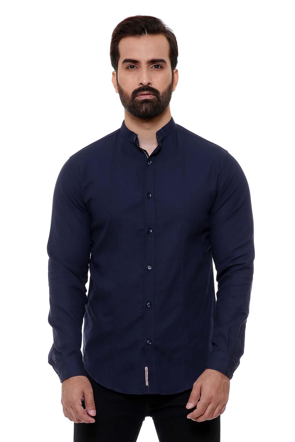 Navy slim-fit long-sleeve casual shirt with button placket and collar