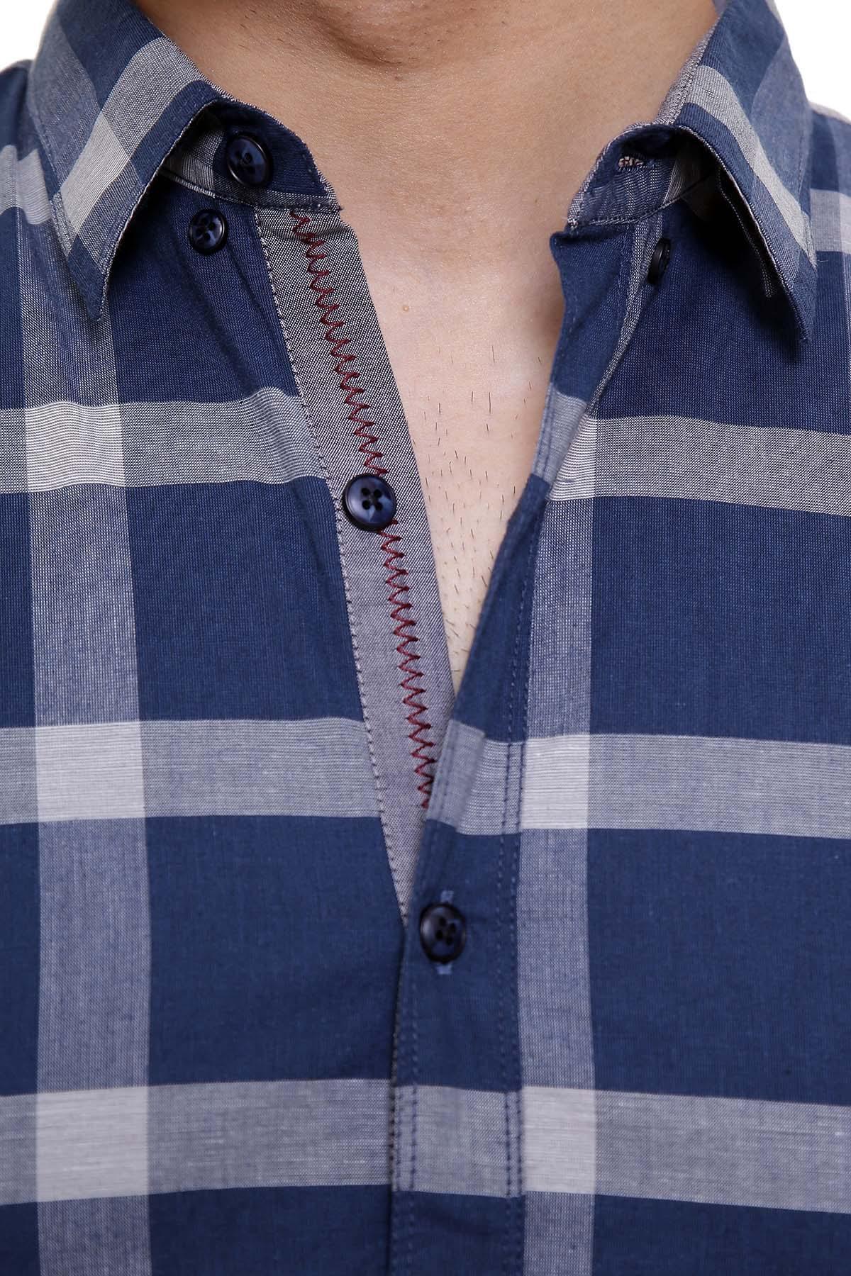 Close-up of navy check casual shirt collar and button placket