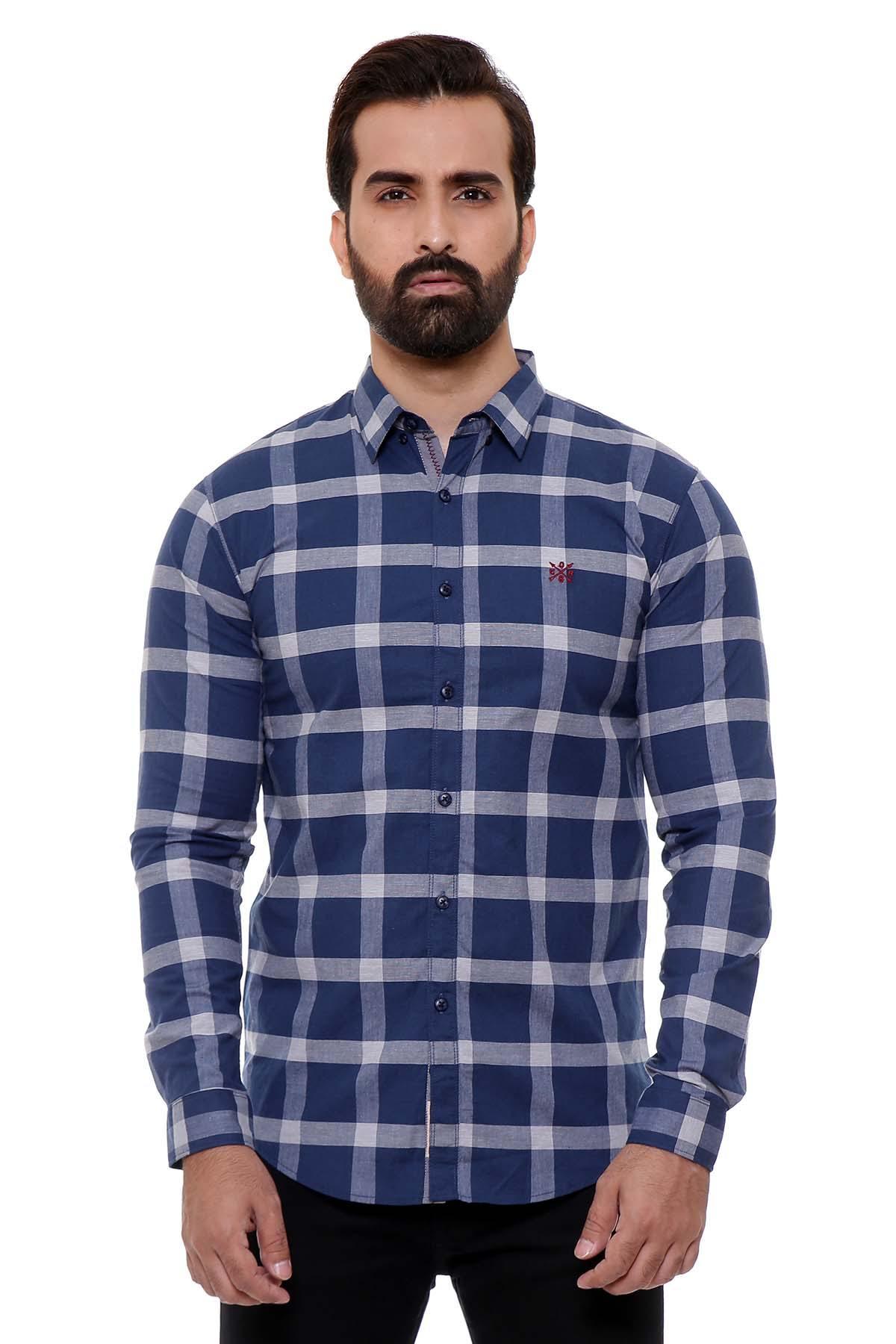 Navy slim-fit casual long-sleeve shirt with check pattern and button-down collar