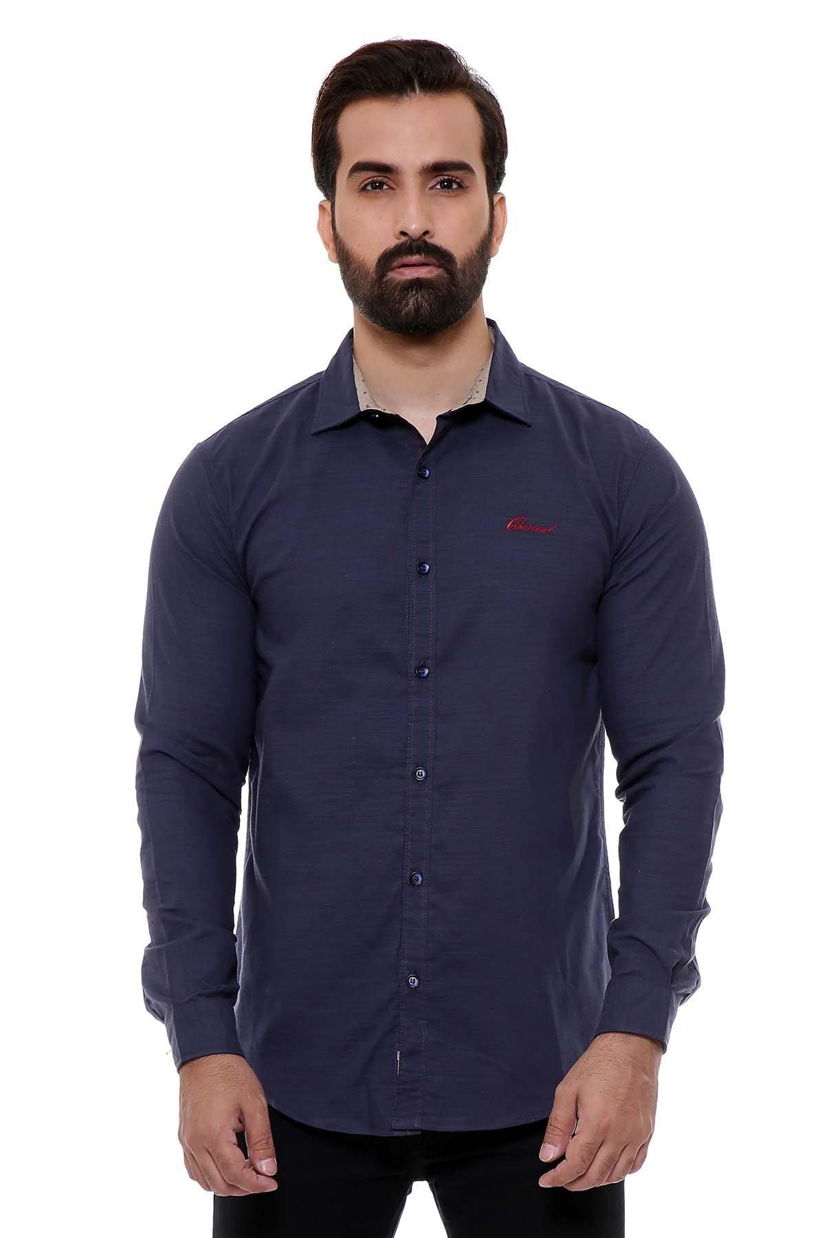 Navy slim-fit casual full-sleeve shirt with button-down collar
