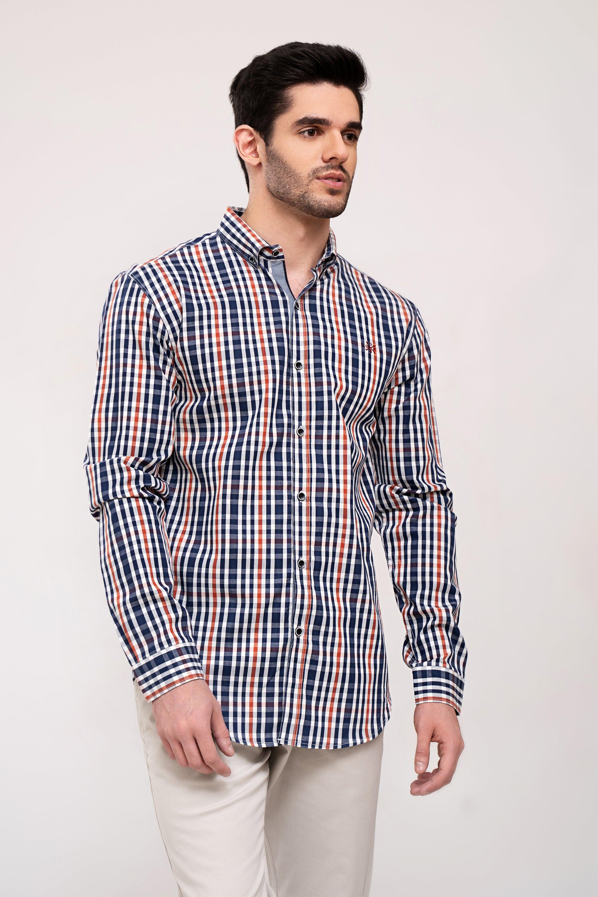 Men's navy and white check long-sleeve button-up casual shirt, front view