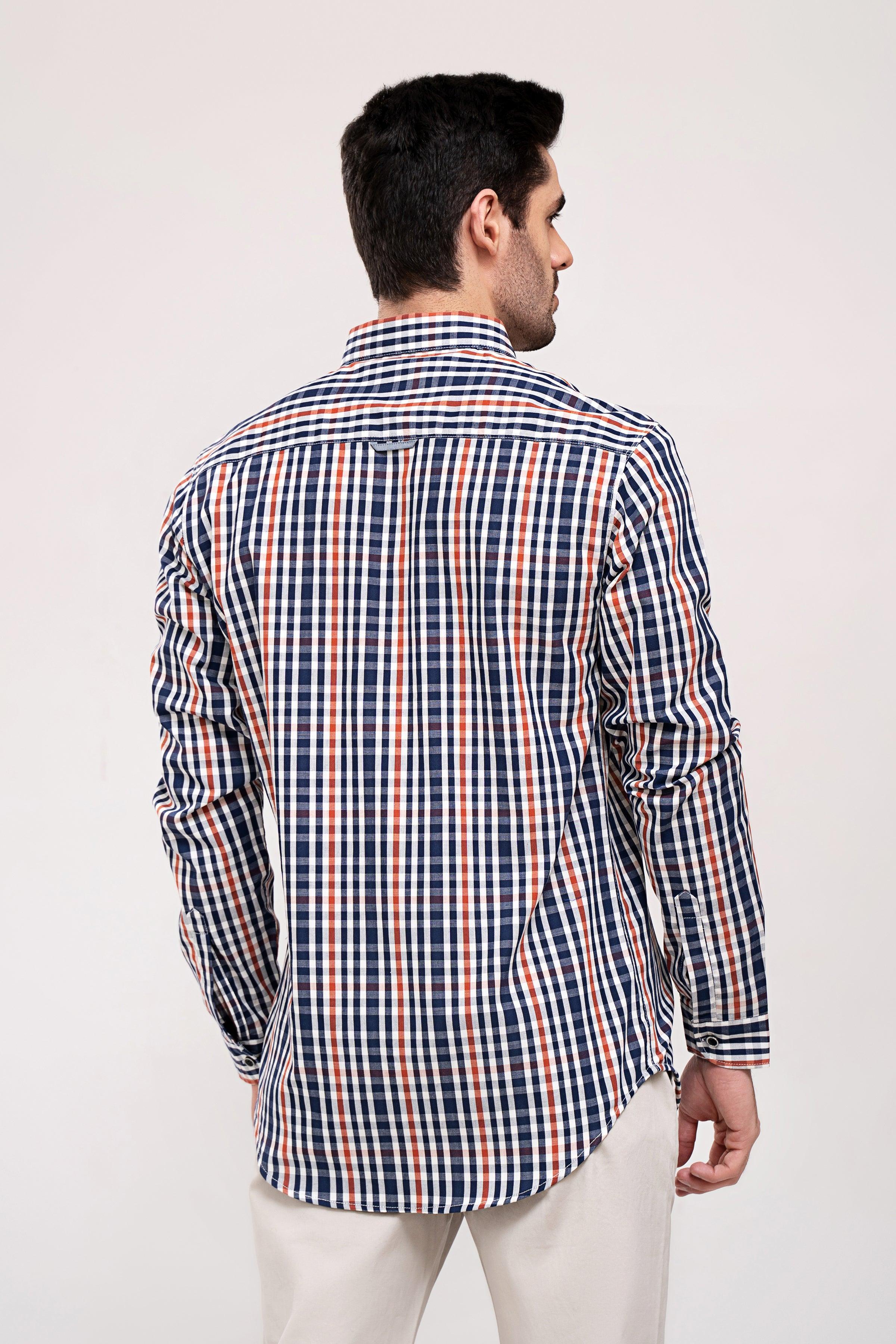 Men's navy and white check long-sleeve button-up casual shirt, back view