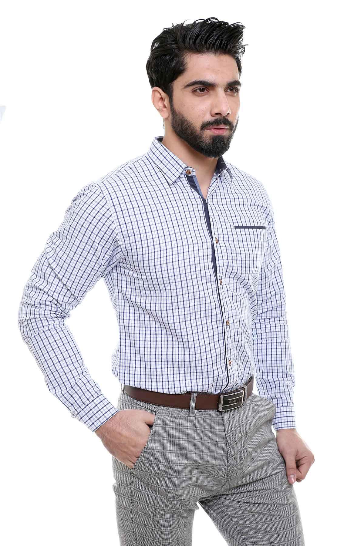 Men's white and navy check long-sleeve button-up shirt with chest pocket and collar