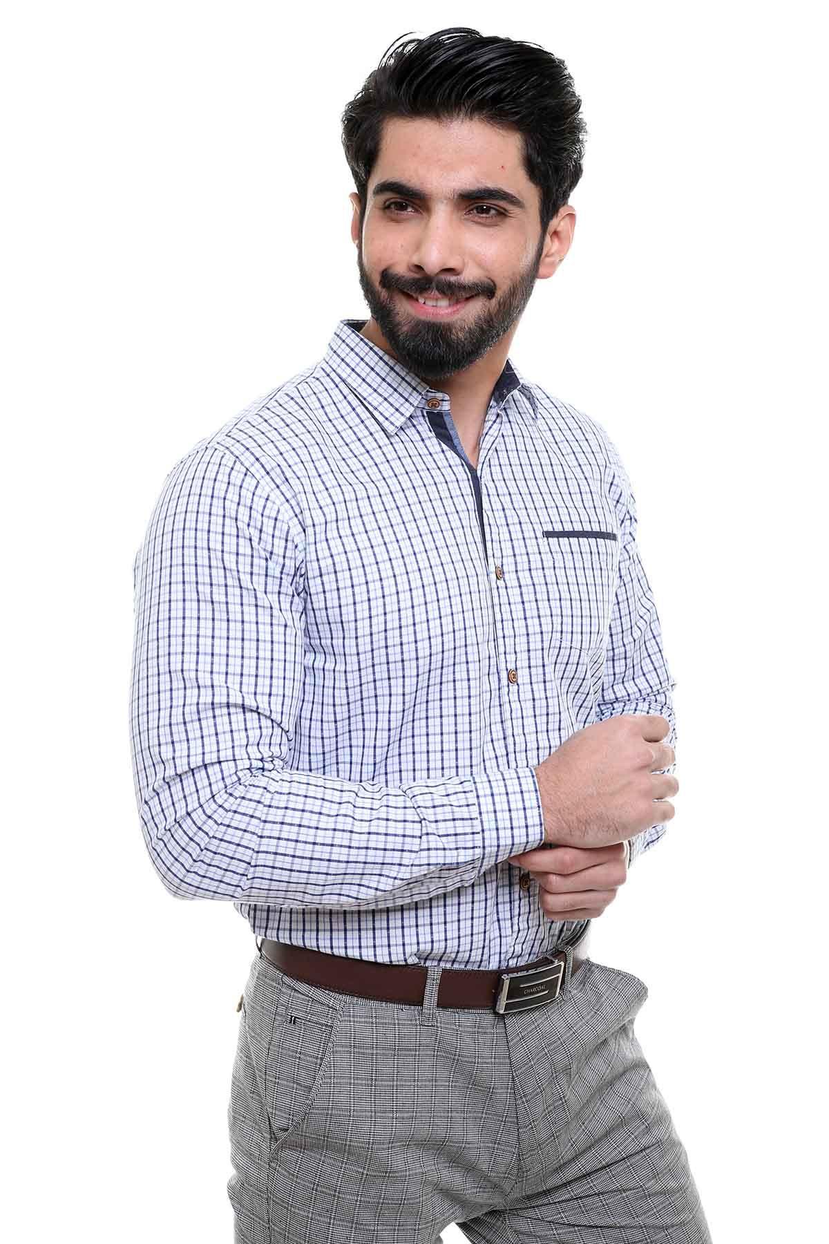 Men's white and navy check button-up shirt with long sleeves and chest pocket
