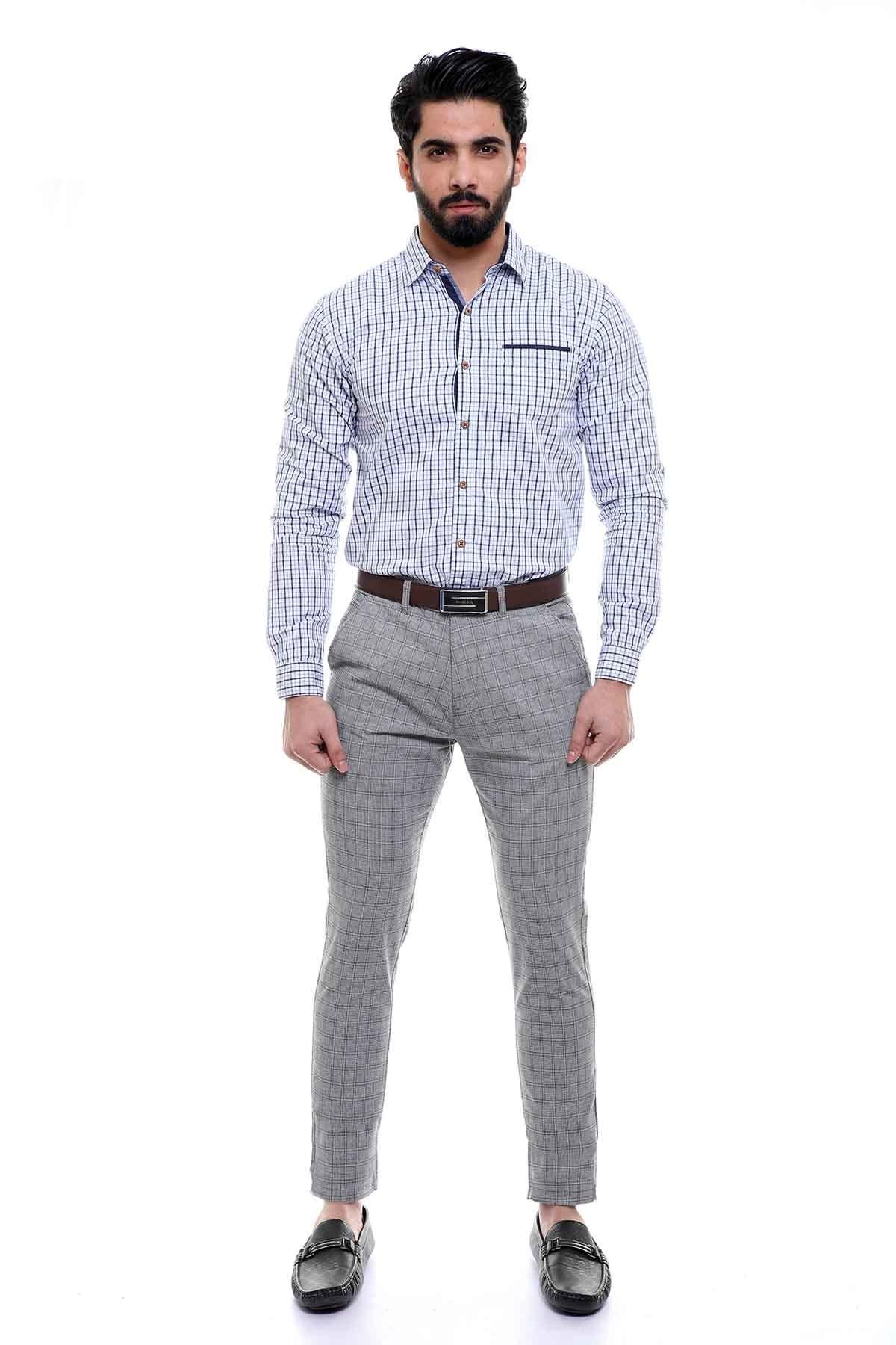 Men's white and navy check button-up shirt with long sleeves, chest pocket, slim fit