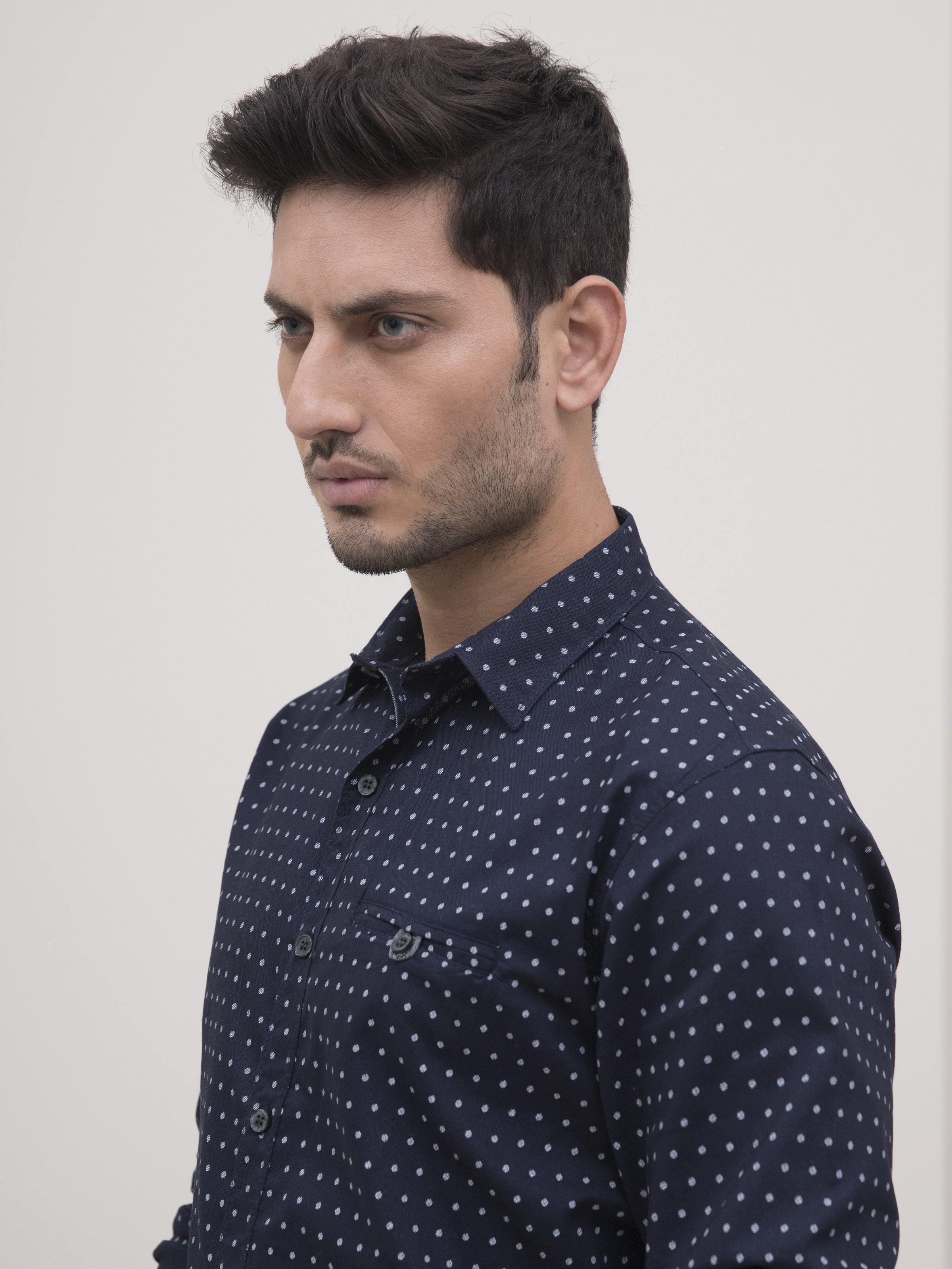 Navy button-up shirt with small light dot pattern and pointed collar