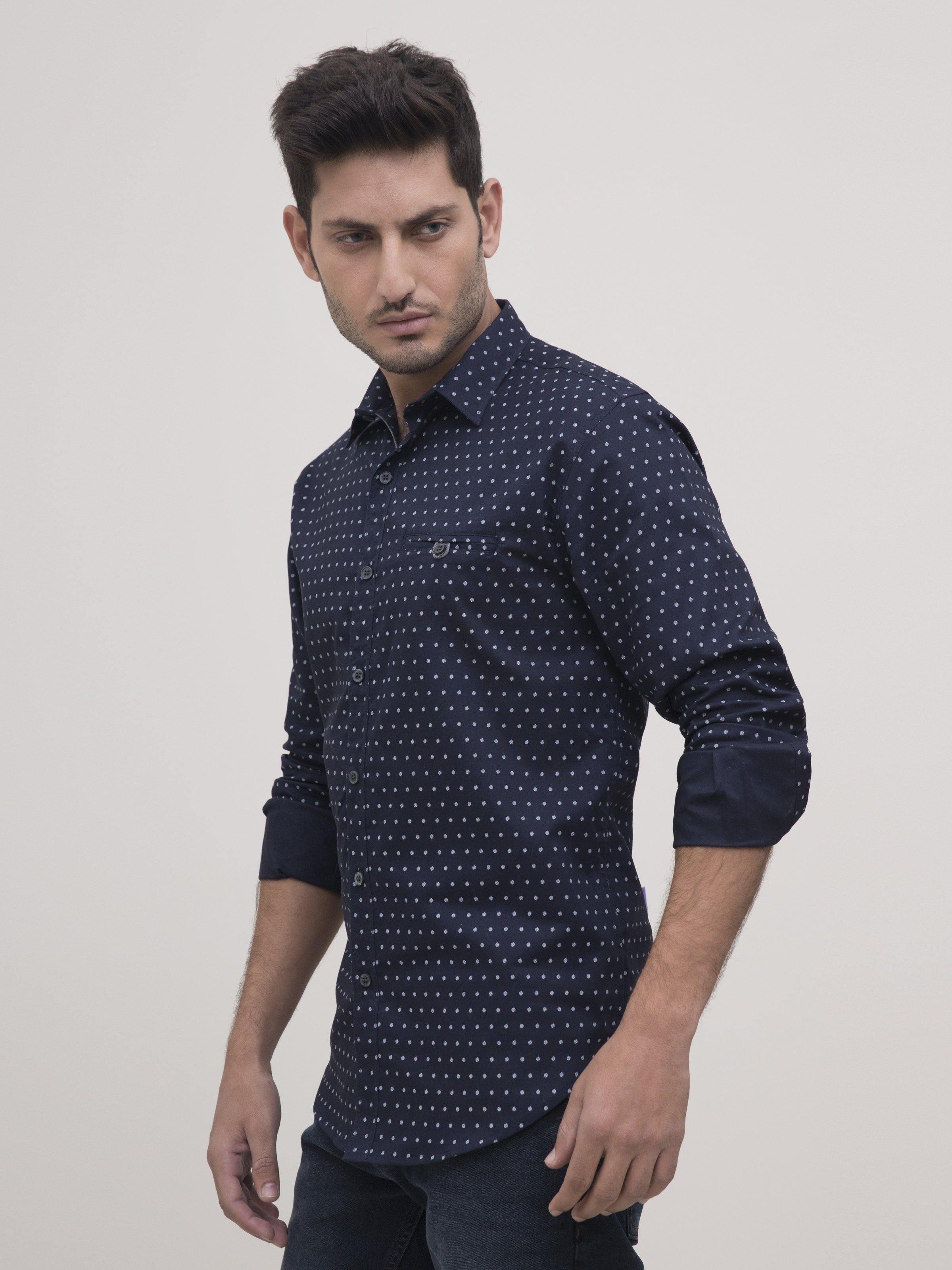 Navy full-sleeve casual shirt with light dot pattern and button-up collar