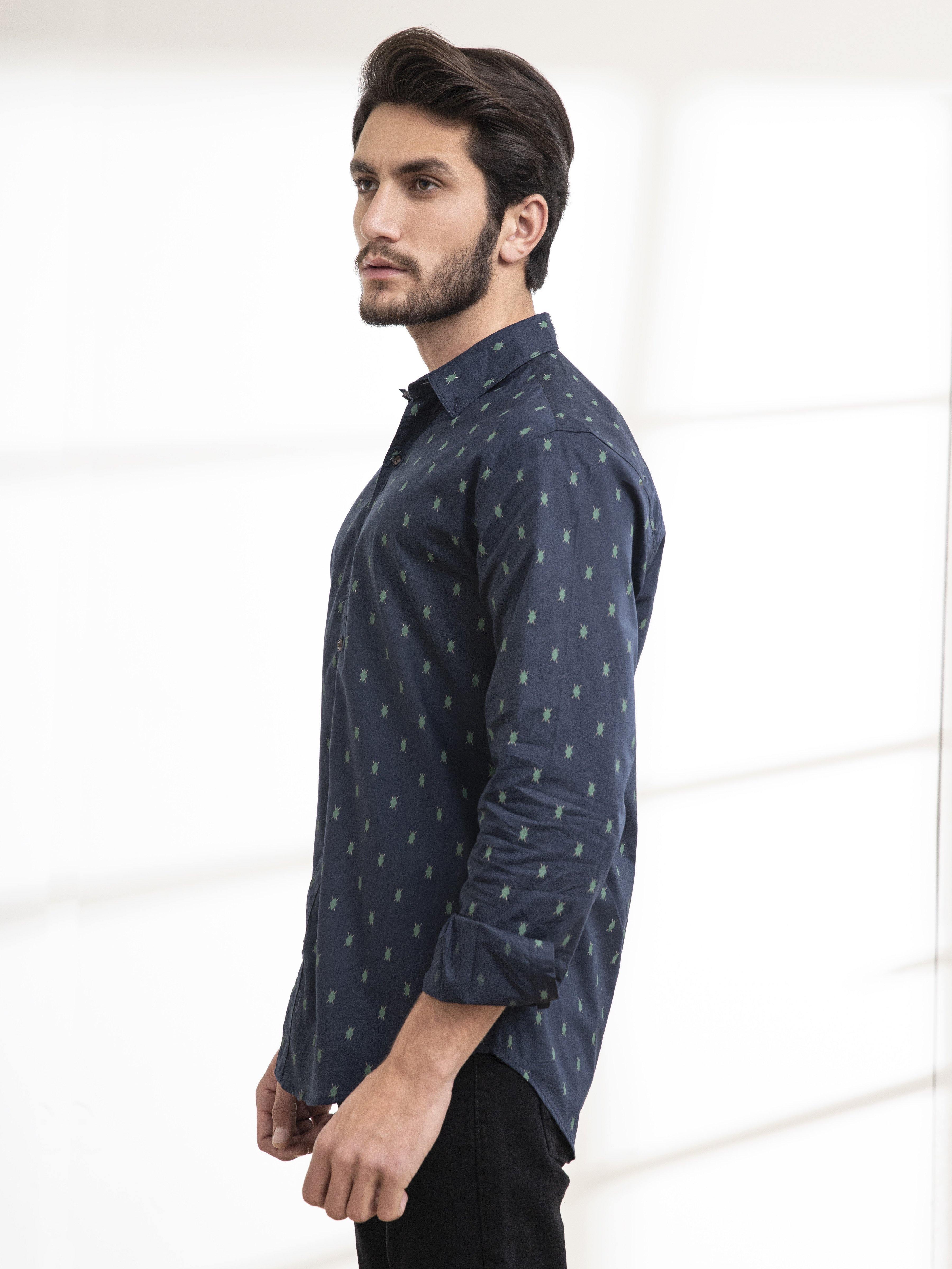 Navy full-sleeve button-up casual shirt, side view with small print