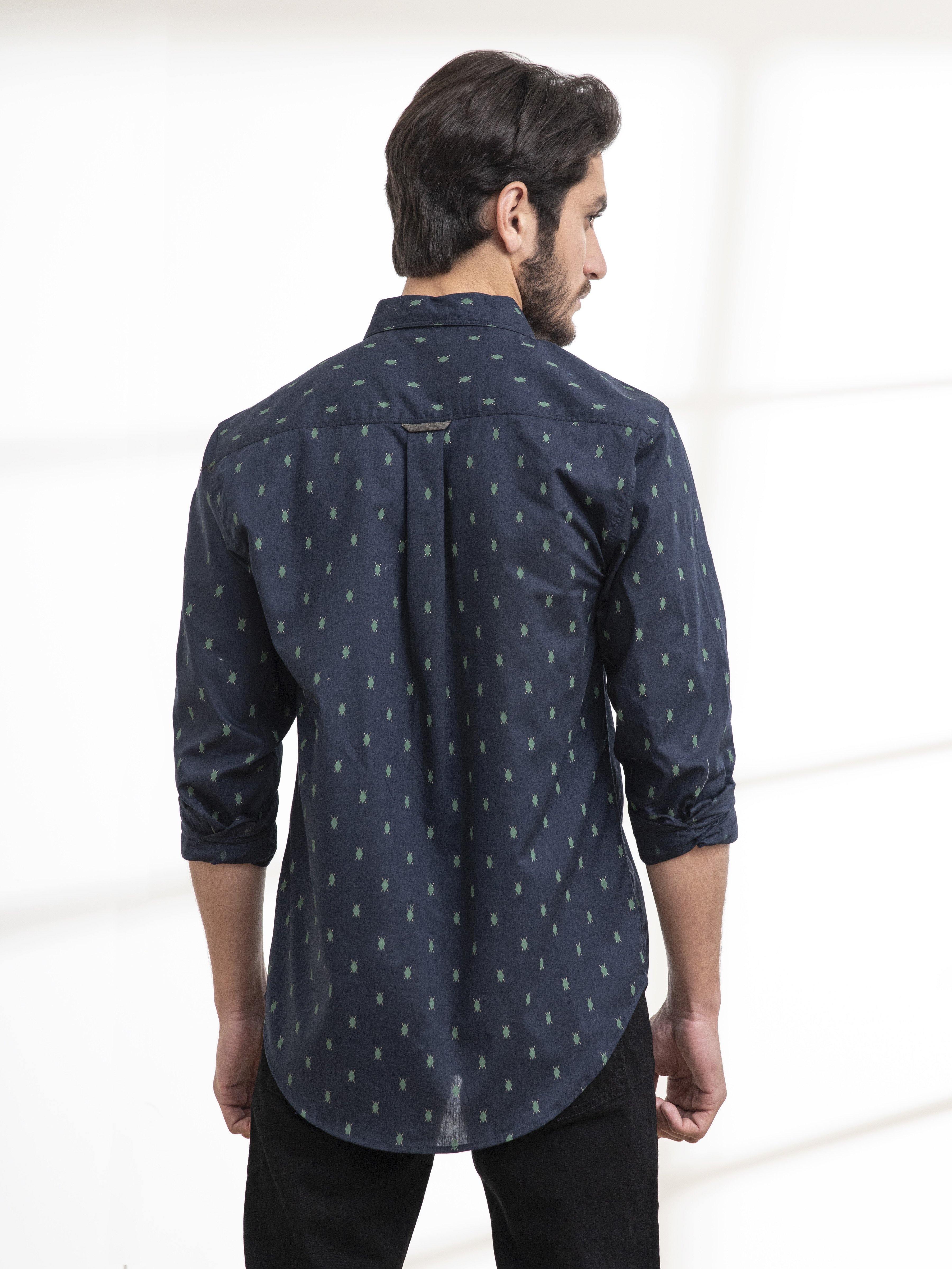 Navy full-sleeve button-up casual shirt, back view with vertical seam