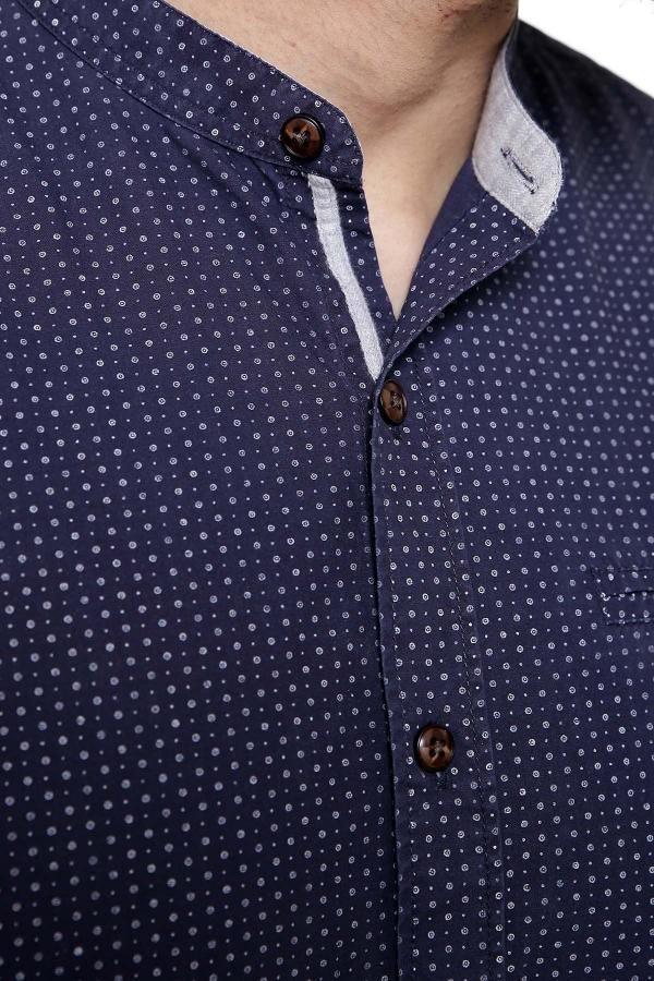 Navy patterned full-sleeve casual shirt with button placket and collar