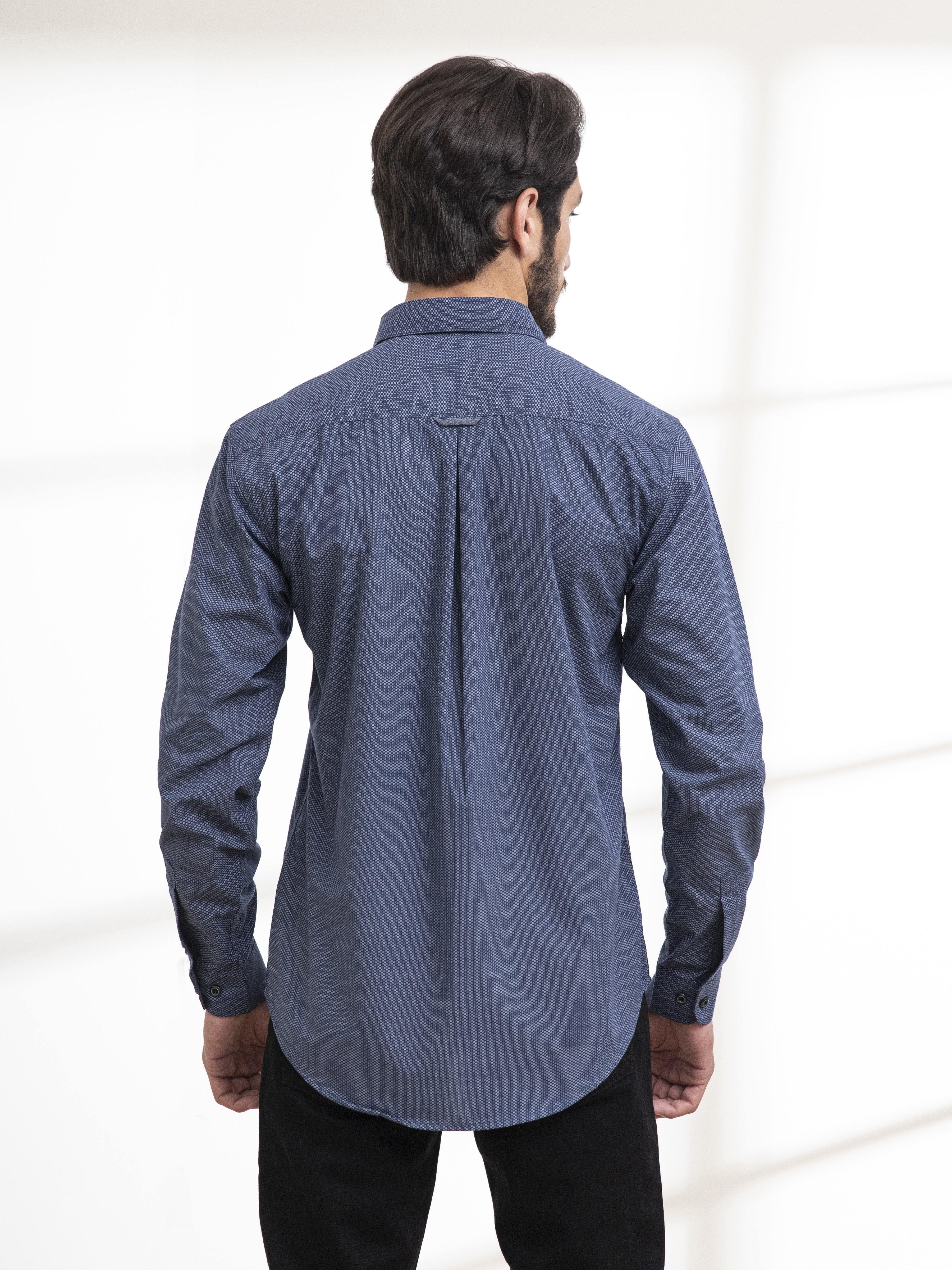 Men's navy button-up casual shirt, back view, long sleeves