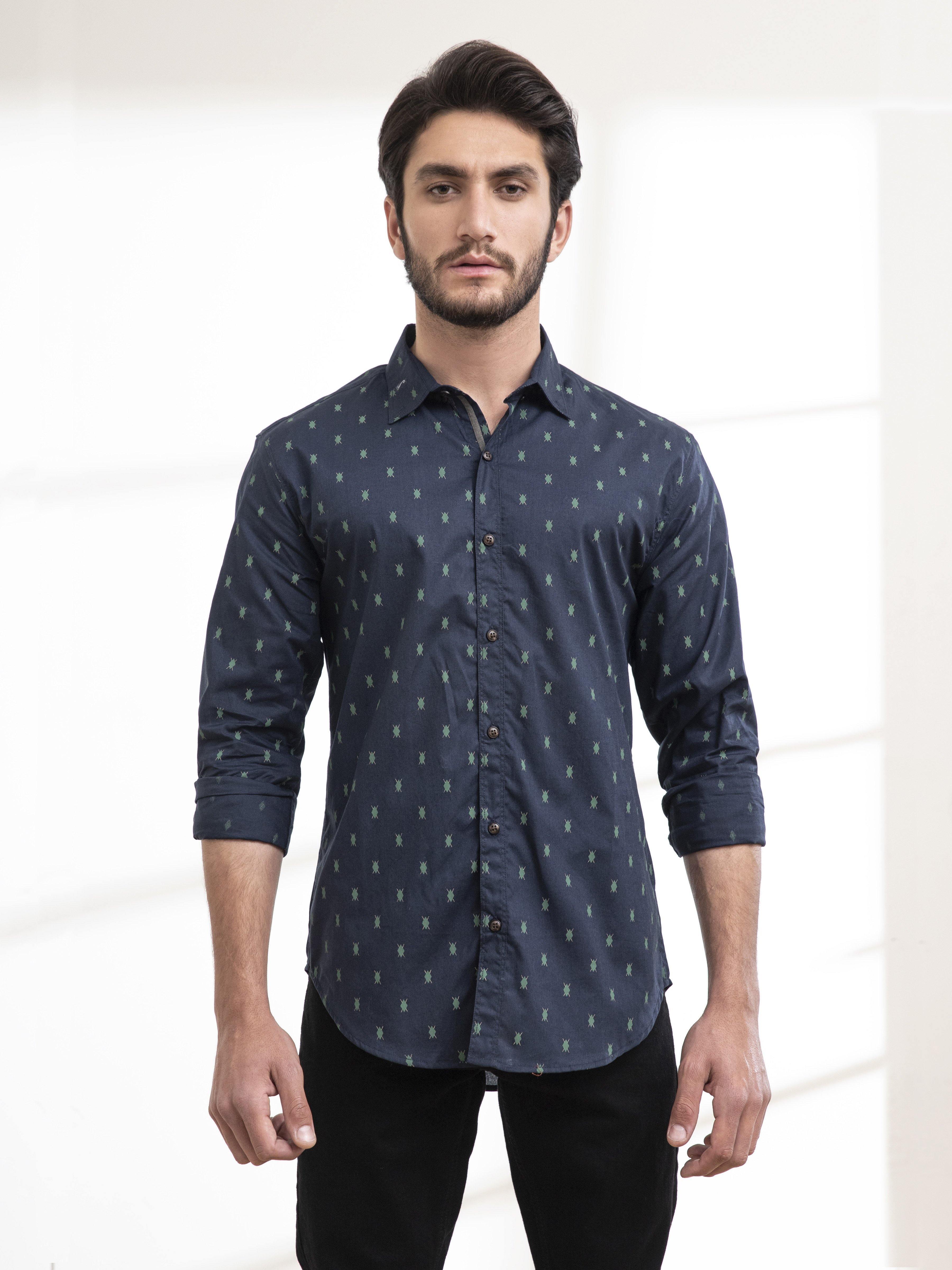 Navy full-sleeve button-up casual shirt, all-over small dot pattern