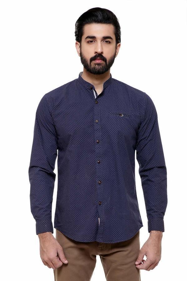 Navy patterned full-sleeve casual shirt with button front and long sleeves