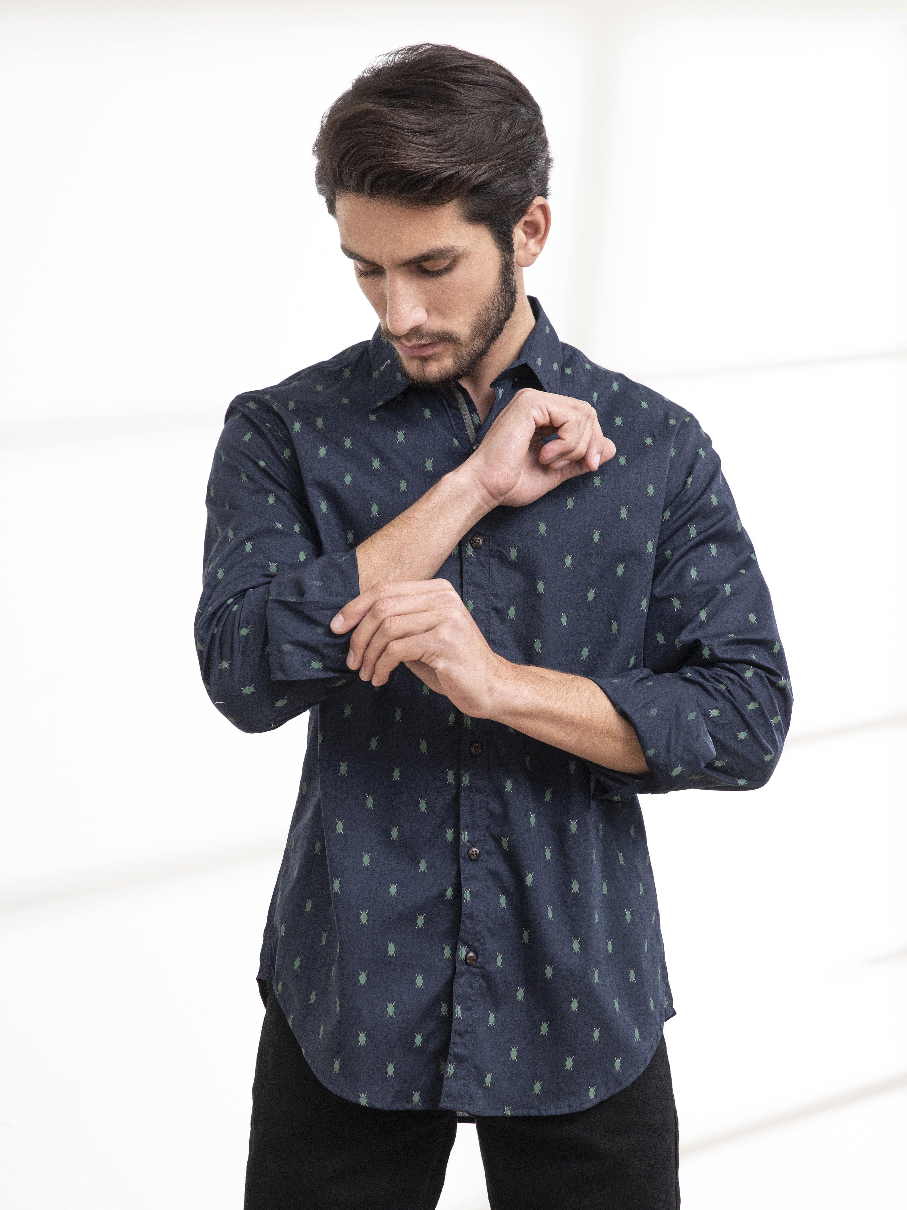 Navy full-sleeve button-up casual shirt with small geometric print