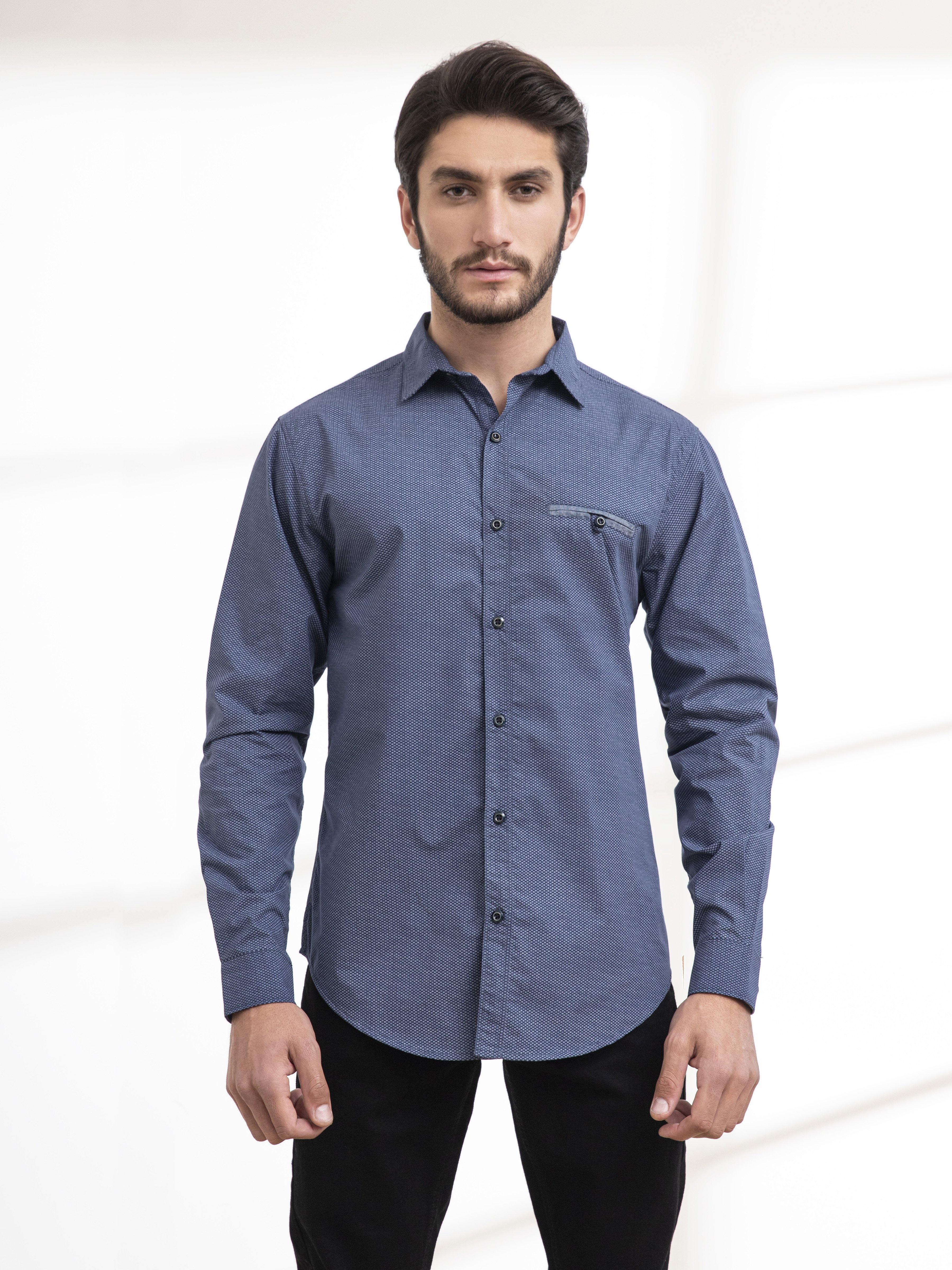 Men's navy button-up casual shirt with long sleeves and chest pocket