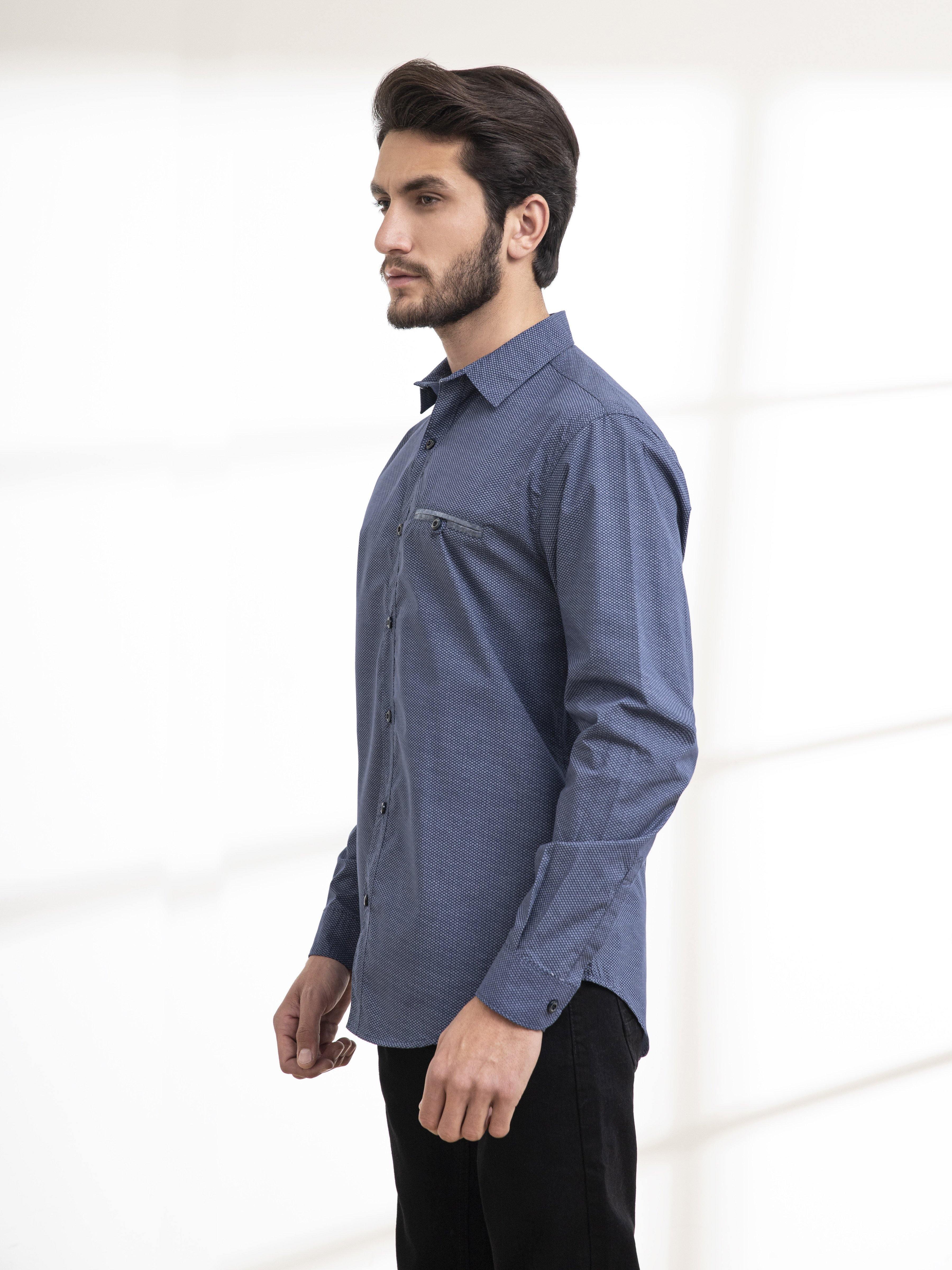 Men's navy button-up casual shirt, side view, long sleeves and chest pocket