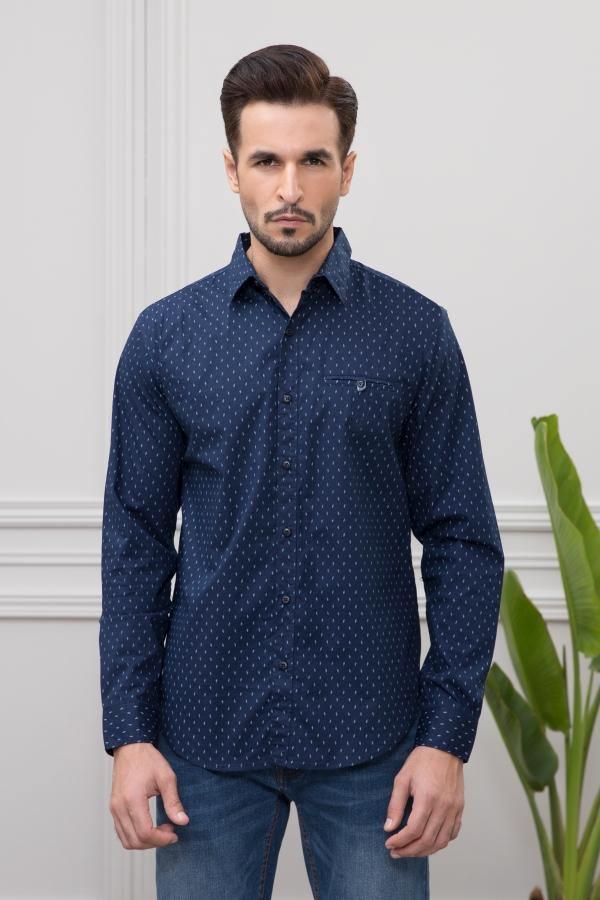 Men's navy casual button-up shirt with long sleeves and small dotted pattern.
