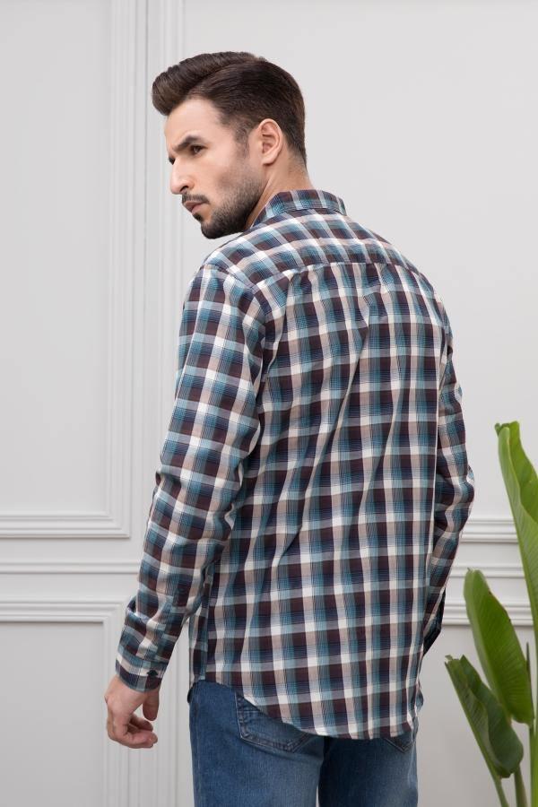 Off-white plaid full-sleeve casual shirt, side view with button placket