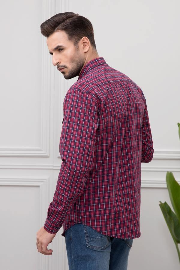 Red plaid full-sleeve casual shirt with navy checks, side profile