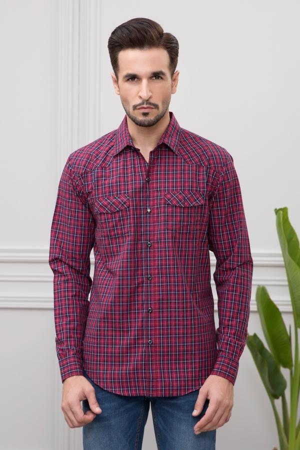 Red plaid full-sleeve casual shirt with navy checks, button front, chest pocket