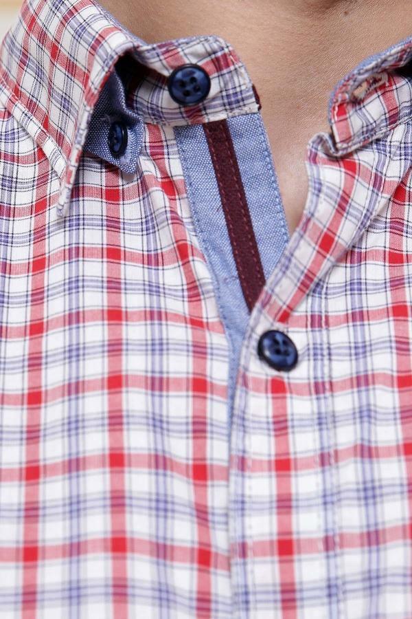 Men's check casual shirt collar with button placket, red and white