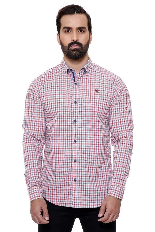 Men's slim-fit casual check shirt, red and white plaid, full sleeves
