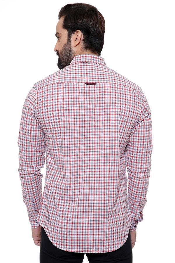 Men's slim-fit casual check shirt, red and white, full sleeves