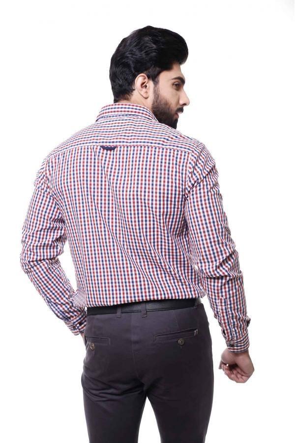Slim-fit long-sleeve red and white check shirt, rear view.