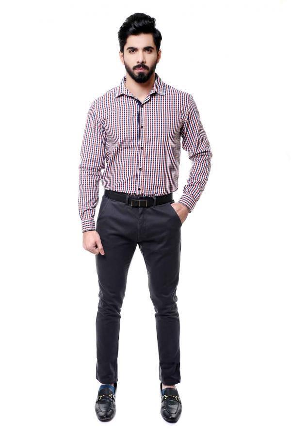 Men's slim-fit long-sleeve casual shirt, red and white check pattern, button front.