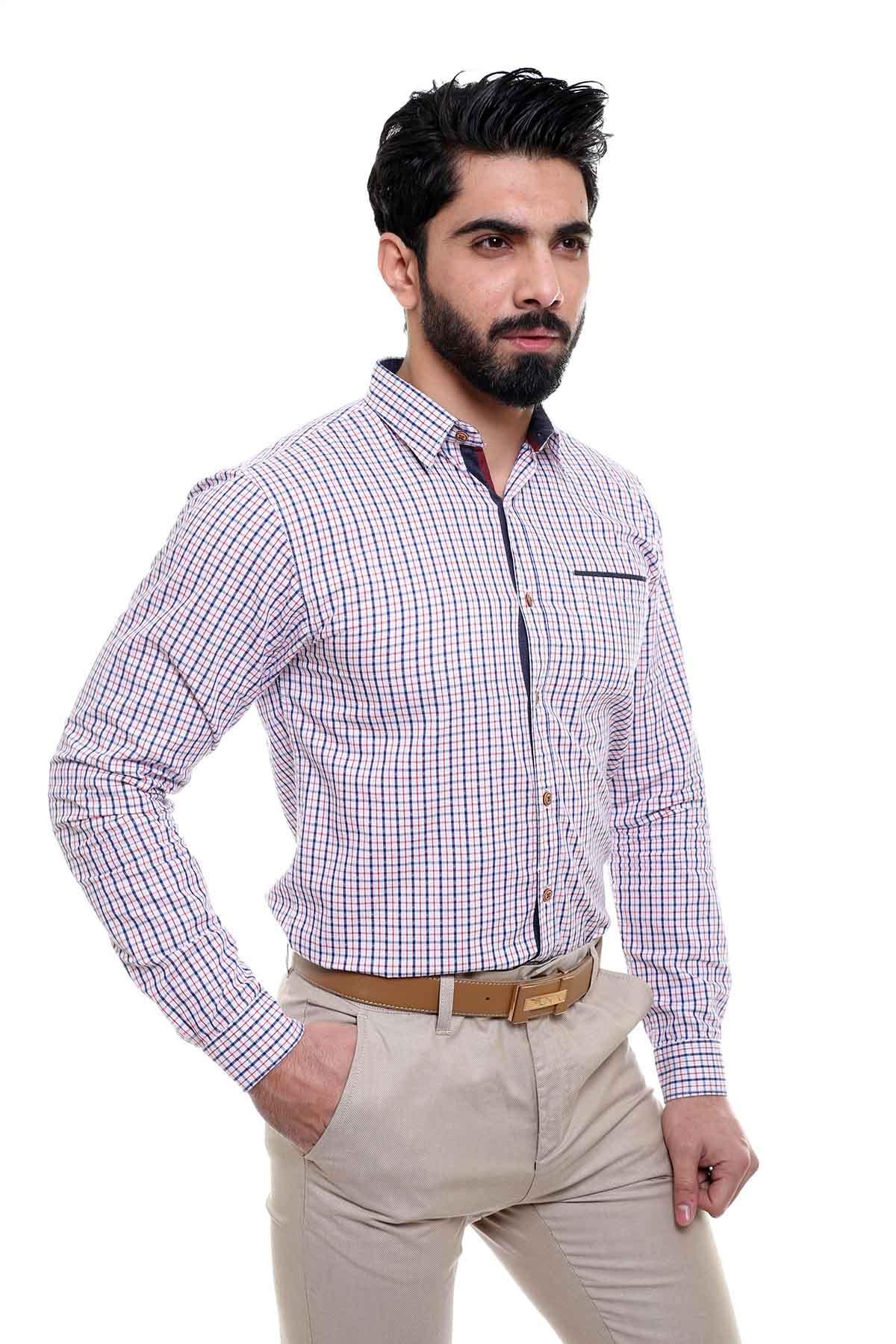 Red-and-white check slim-fit long-sleeve shirt with chest pocket and button placket