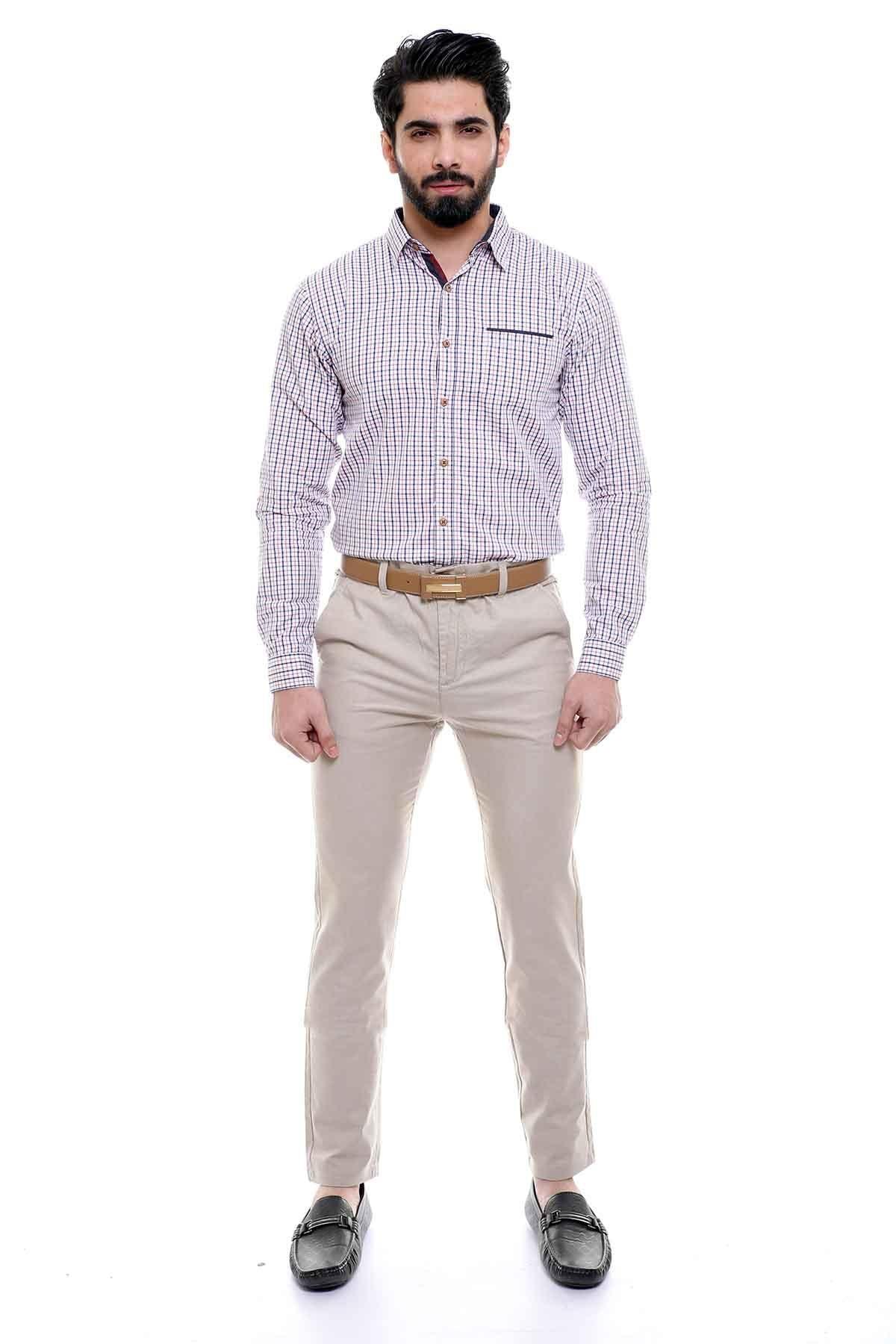 Red-and-white check slim-fit long-sleeve casual shirt with button front and pocket