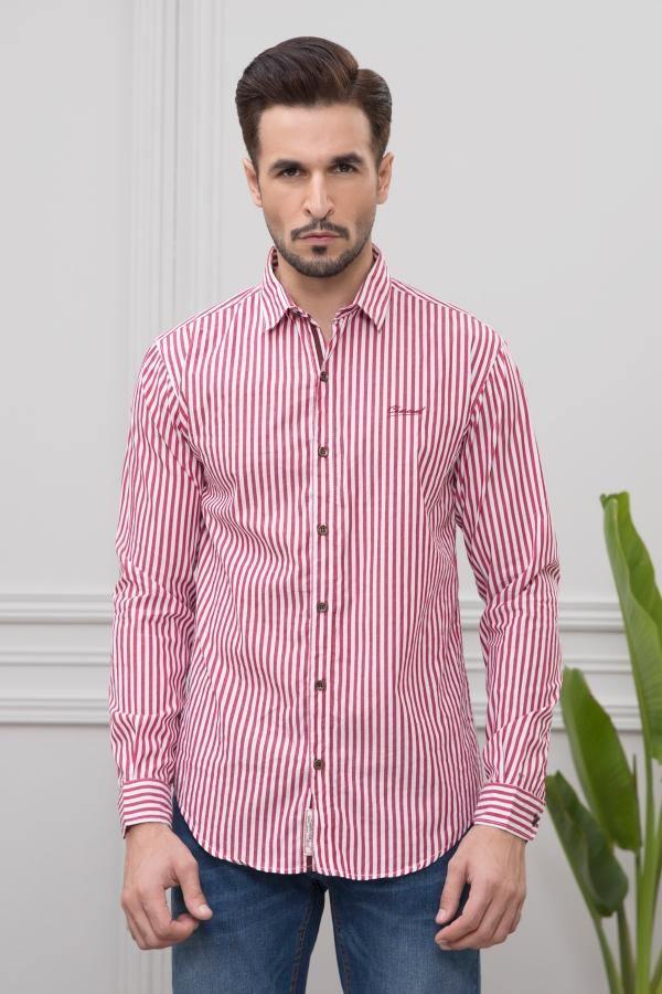 Red and white striped full-sleeve casual shirt with button front and chest pocket