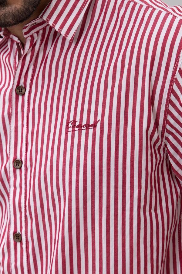 Red and white striped shirt close-up of button placket and collar