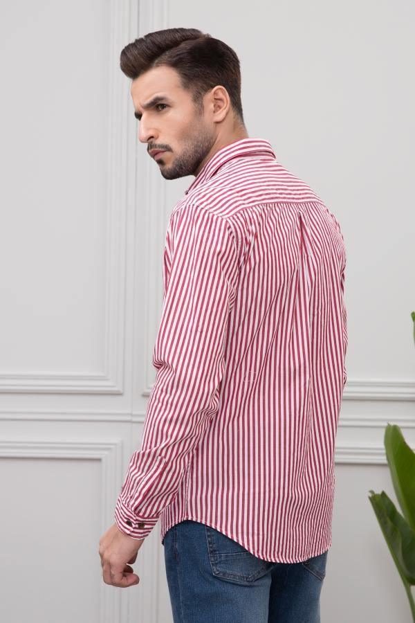 Red and white striped full-sleeve button shirt, side view, curved hem