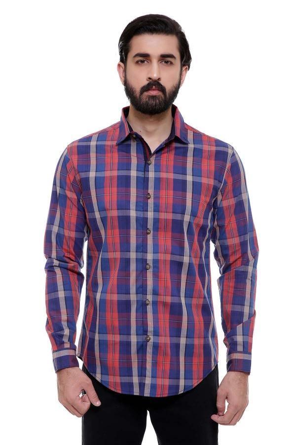 Men's slim-fit check shirt, full sleeves, blue and rust plaid, button front