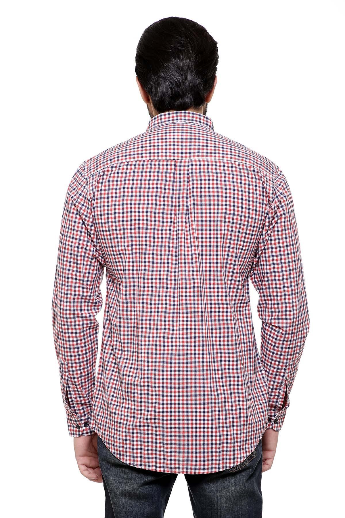 Rust and white check long-sleeve casual shirt, button front, back view