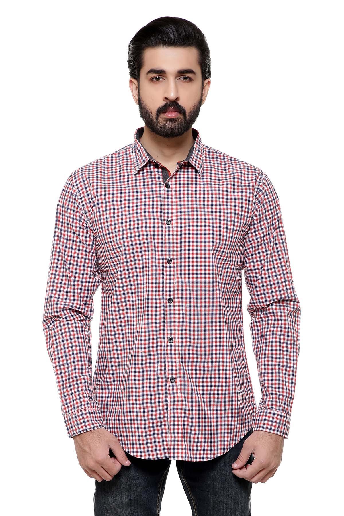 Rust and white check long-sleeve casual shirt, button front and spread collar