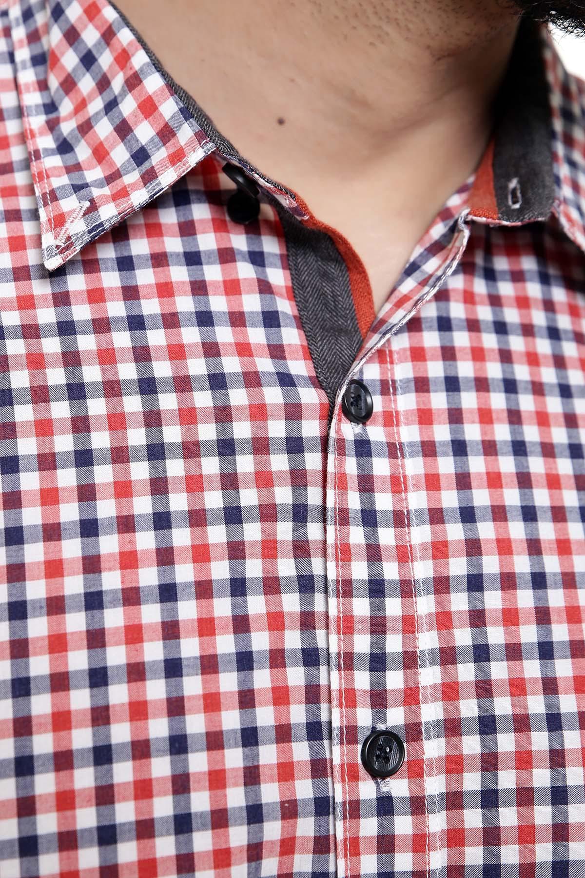 Rust check long-sleeve casual shirt collar with button placket detail
