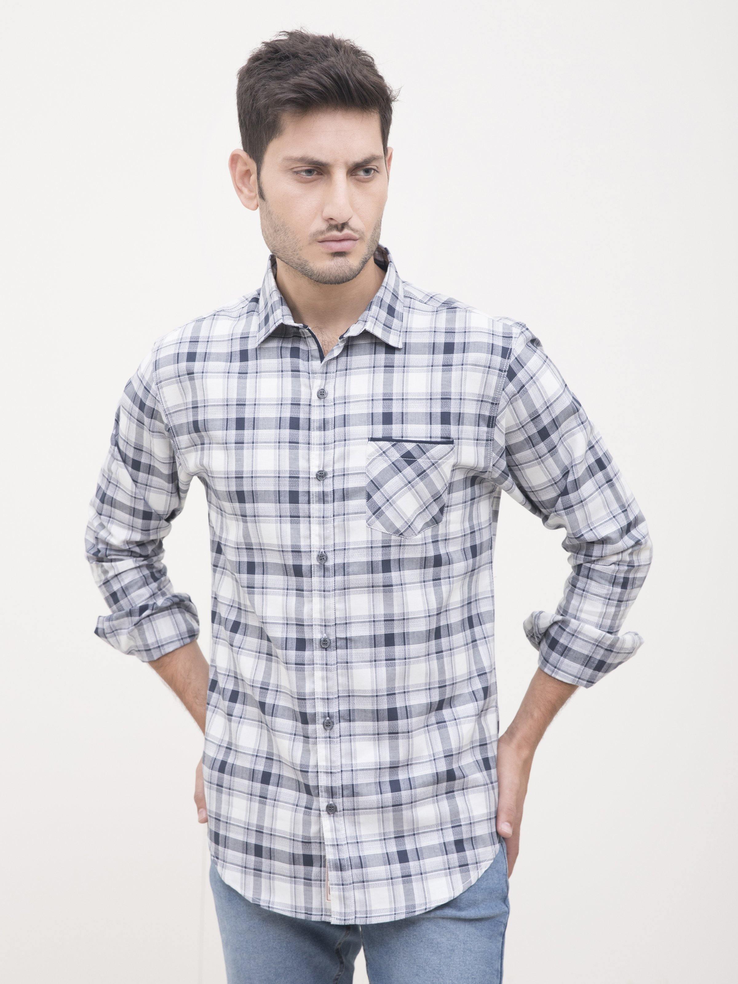 CASUAL SHIRT FULL SLEEVE SILVER NAVY CHECK at Charcoal Clothing