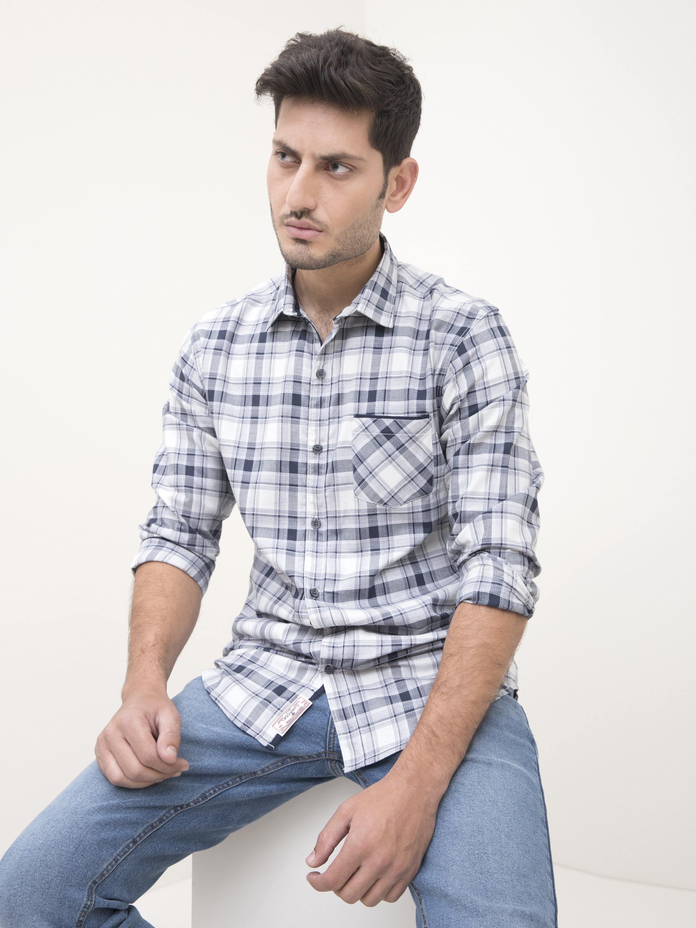 CASUAL SHIRT FULL SLEEVE SILVER NAVY CHECK at Charcoal Clothing