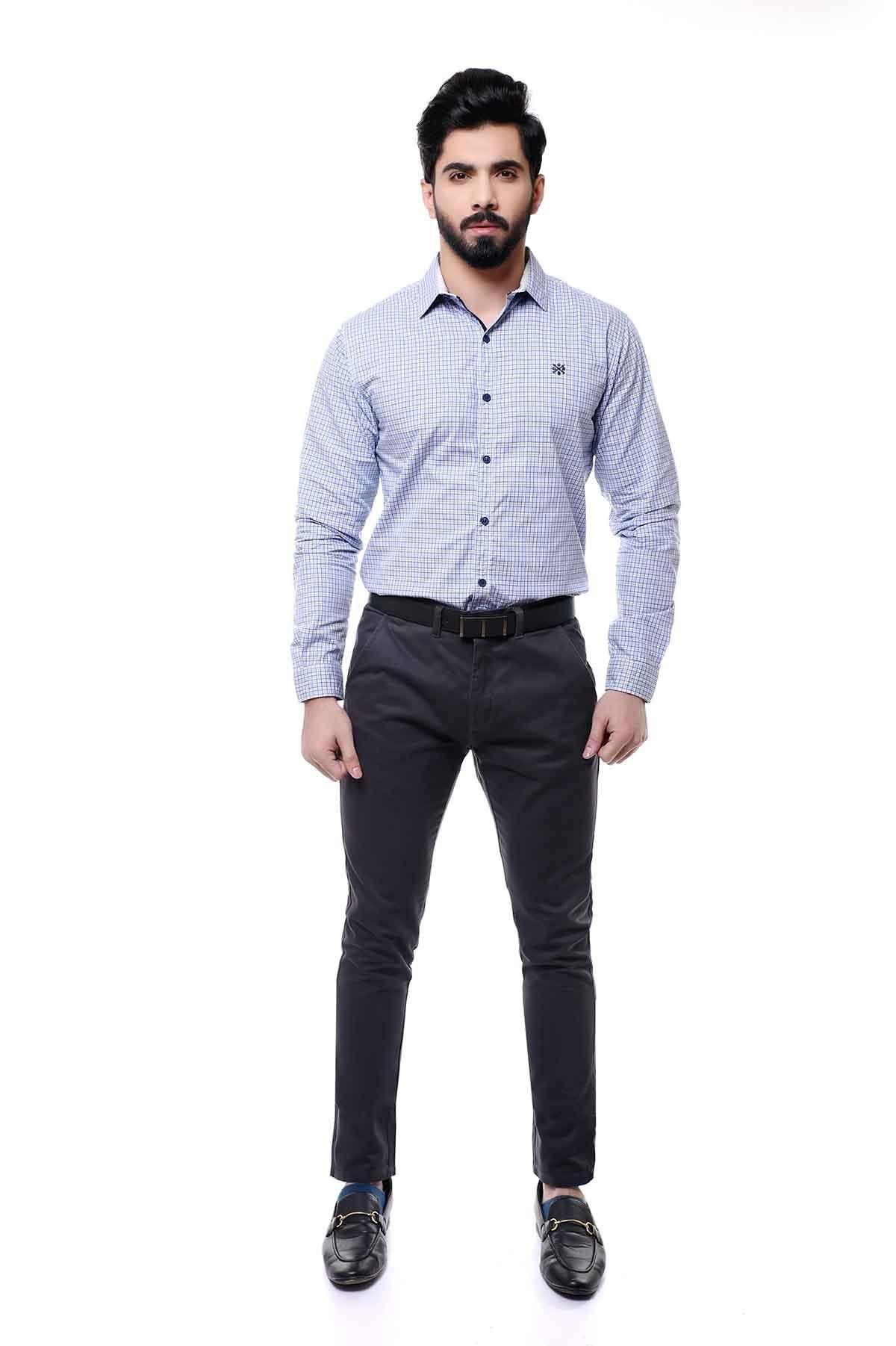 Men's sky blue checked full-sleeve casual shirt, front with button placket